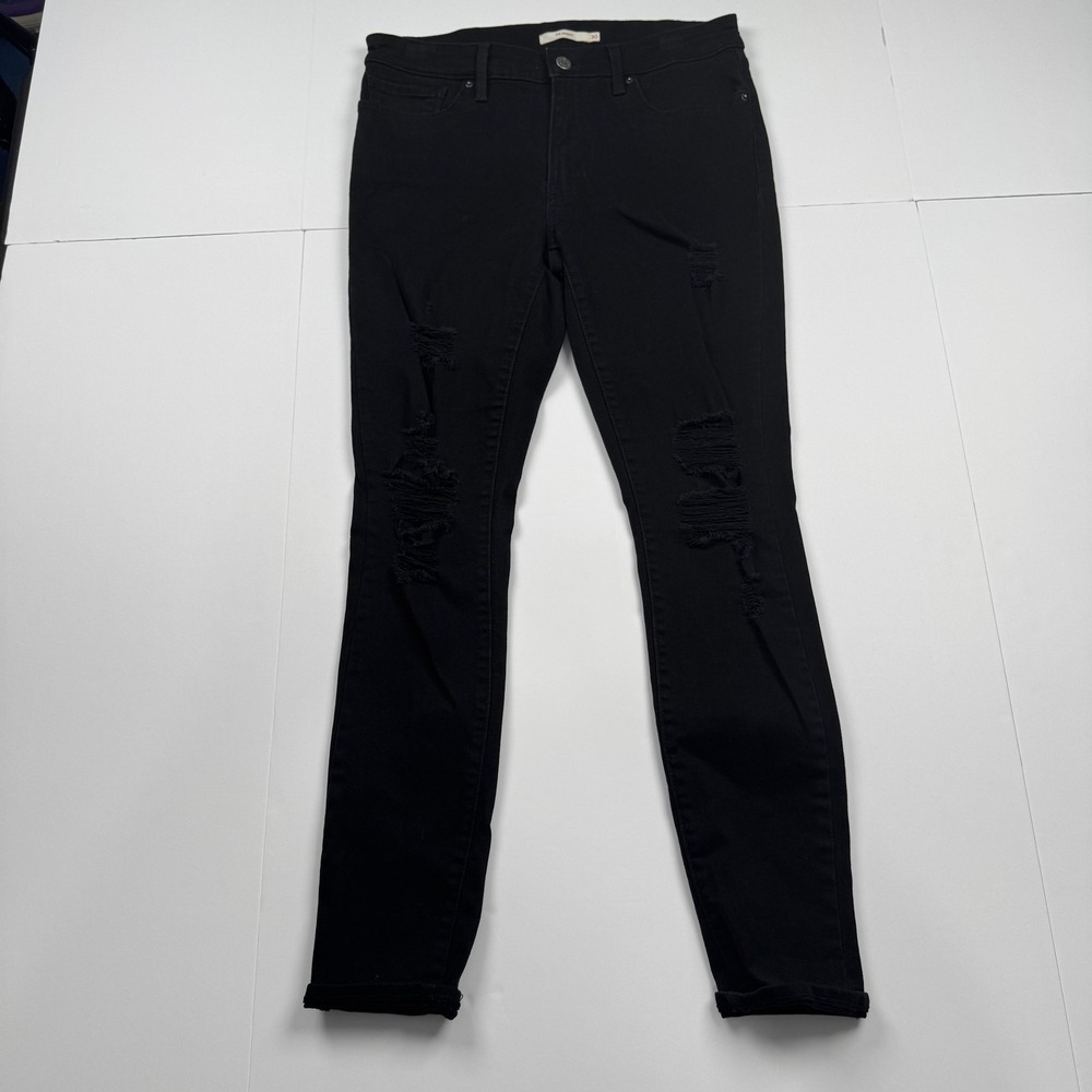 Levis 711 Skinny Jeans Womens 30 (30x27) Black Distressed Ripped Stretch Pants